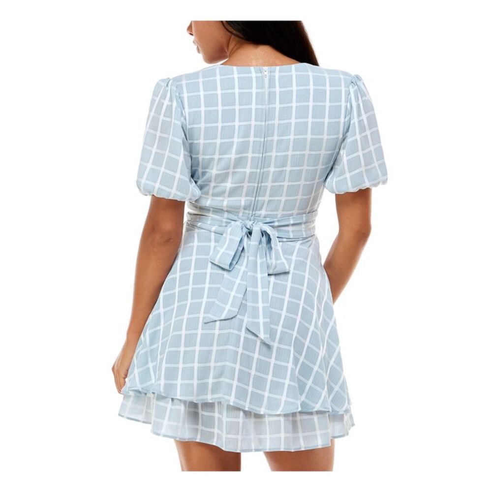 B DARLIN Womens Mini Dress Light Blue Tie Short Sleeve Lined Juniors 7\8 - Picture 2 of 4